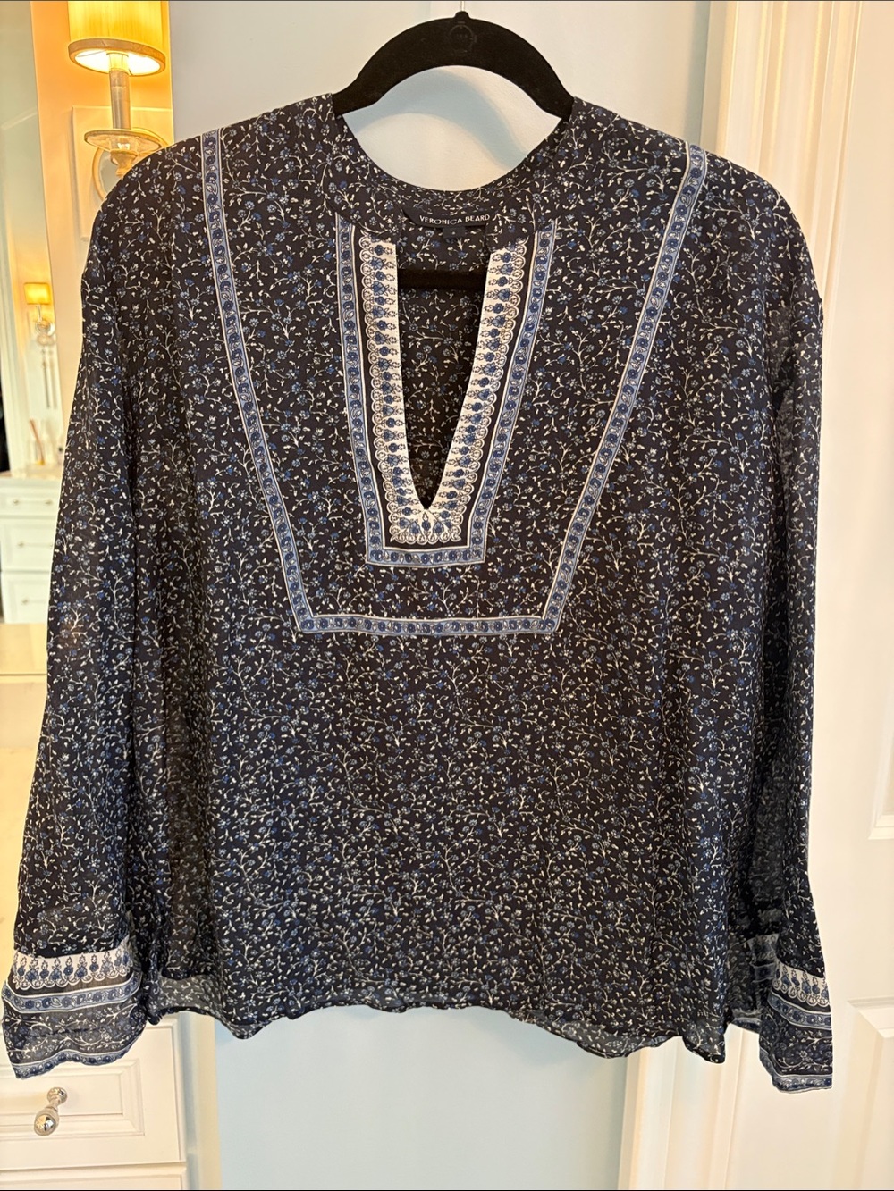 Veronica Beard Navy Floral Split V-Neck Blouse with Blue-White Trim